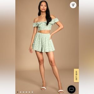 Lulu’s Spring to it Sage Green Dotted Off the Shoulder Two Piece Romper- Size S